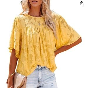 2/$18 Crewneck Lantern Sleeve Lace Babydoll Blouse in Yellow Sz. S
